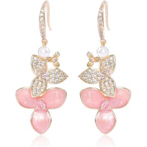 Pink Flower Earrings for Women Dangle Gold Plated Three Petal Flower Earrings Drop Blossom Elegant Shining Cubic Zirconia Floral Statement Earrings Hook Aesthetic Summer Party Jewelry Gift for Girls