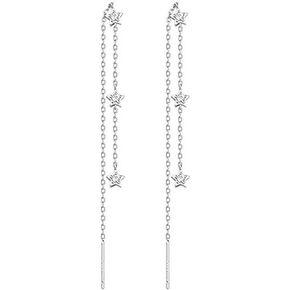 Crystal Star Long Dangle Chain Earrings 925 Sterling Silver for Women Girls Hypoallergenic Threader Line Tassel Drop Dangling Stud Earring Cute Lightweight Birthday Wedding Christmas Jewelry Dainty Gifts