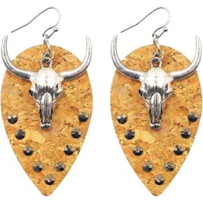 Western Cowboy Oxhead Leather Drop Earrings,Animal Bull Crystal Water Drop Leather Dangle Earrings Jewelry for Women Girls