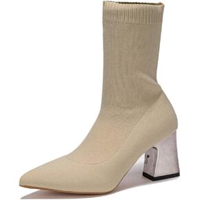 GATUXUS Women's Chunky High Heel Ankle Boots Pointed Toe Mid Calf Knitting Sock Booties Warm Shoes
