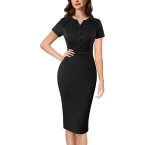 VFSHOW Womens Business Pleated Notch V Neck Buttons Fitted Work Office Elegant Belted Church Bodycon Pencil Sheath Dress…