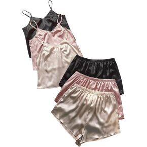 GORGLITTER Women's 6 Piece Lounge Set Satin Cami Top Shorts Pajama Sets