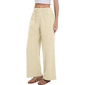 Women Cotton Pants Wide Leg Palazzo Long Lounge Slacks Drawstring High Waist Button Trousers Pocket