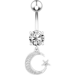 Belly Button Ring Dangle Moon and Stars for Women Girl Sexy Surgical Steel Cute Dainty Boho Long Bar Dangly Belly Button Rings Hypoallergenic Jewelry for Teens Girlfriend