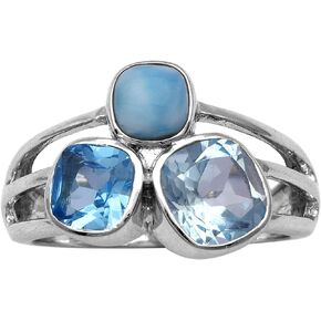 Natural Gem Stone Blue Topaz Larimar 925 sterling silver Ring Big Statement Ring