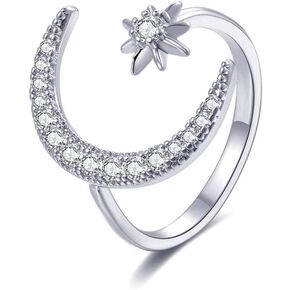 FUTIMELY Moon Crescent Star Ring for Women Teen Girls Adjustable Moon Sun CZ Statement Ring Dainty Crystal Crescent Finger Ring