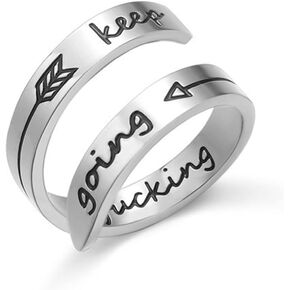 Engraved Open Ring, Stainless Steel Adjustable Wrap Ring Inspirational Ring Engraved Keep Going Personality Encouragement Gift Graduation Ring for Women Men Girls