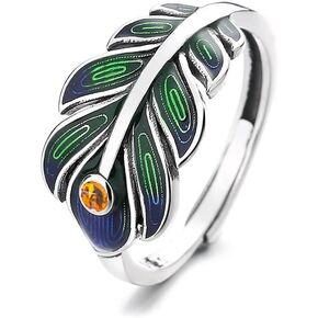 OIDIMS Peacock Feather Adjustable Ring Fashion Enamel CZ Open Extendable Knuckle Middle Finger Rings Personalized Gifts for Women Girls Mom Bff Comfort Fit Ethnic Style Boho Delicate Jewelry