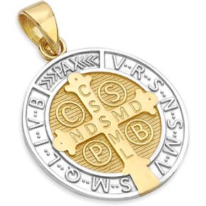 The World Jewelry Center 14k REAL Two Tone Gold Saint Benito Double Side Medal Charm Pendant (Size : 24 x 16 mm)