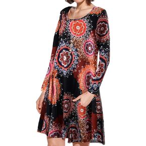 JollieLovin Women Long Sleeve Dress with Pockets Plus Size Swing Casual Loose Tshirt Dresses