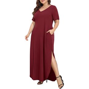 Pinup Fashion المرأة حجم كبير فساتين ماكسي الخامس الرقبة عادية كم قصير فضفاض تي شيرت الشقوق فستان طويل مع جيوب