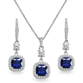 Jewelry Sets for Women, Necklace and Earring Sets for Women, Birthstone Jewelry, Genuine or Synthetic Gem, Cushion Cut Necklace and Drop Earrings Set, Pendant Necklace, Dangle Earrings, Silver Jewelry