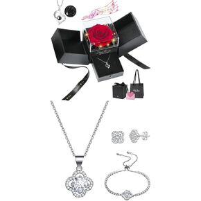 وردة حمراء حقيقية محفوظة لعيد الأم مع قلادة من الفضة الإسترليني S925 ومجموعة مجوهرات من أقراط وقلادة وسوار البرسيم المحظوظ in Kuwait