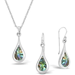 AeraVida Women's Elegant Ocean Colors Abalone Seashel Teardrop Inlays in Sterling Silver Pendant Necklace with Earrings 3-Piece Jewelry Set for Beach Vibes