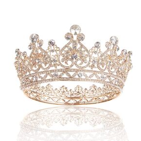 Full Round Queen Crown for Women, Gold Rhinestone Wedding Tiara Birthday Pageant Prom Crystal Headpiece Cake Topper