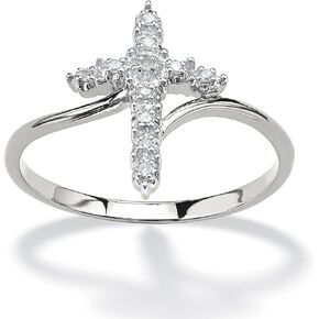 Savlano 18K White Gold Plated Round Cut Cubic Zirconia Accent Vertical Cross Bypass Band Ring Women's Girl's Religious Ring