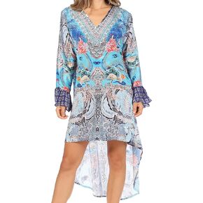 Sakkas Rema Women's Boho Shift Tunic High Low V-Neck Long Sleeve Dress with Print