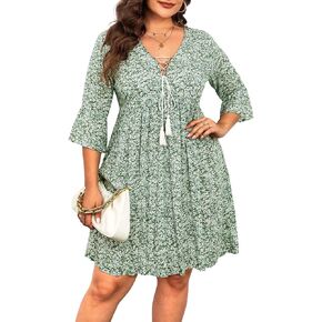 Women's Plus Size Boho Dress Floral V Neck Tassel Bell Sleeve Casual Summer Beach Flowy Mini Dress