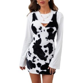 WDIRARA Women's 2 Piece Outfit Cow Print Fleece Fuzzy V Neck Fluffy Bodycon Mini Dress with Crewneck Long Sleeve Tee Set