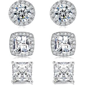 3 Pairs Stud Earrings, 18K White Gold Plated Round Square/Princess Cut Cubic Zirconia Simulated Diamond Halo Stud Earrings (3 Pairs)1