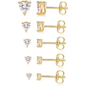 MDFUN Heart Stud Earrings Set for Women 18K Yellow Gold Plated, 4 Prong Hypoallergenic Cubic Zirconias CZ Studs Earrings Pack of 5 Pairs 3-7mm