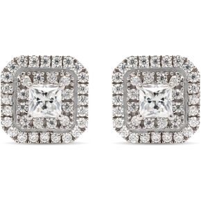 SAVEARTH DIAMONDS 1 Carat Princess & Round Cut Lab Created Moissanite Diamond Double Halo Stud Earrings In 14K Gold Over Sterling Silver Jewelry For Women (G-H Color, VVS1 Clarity, 1 Cttw)