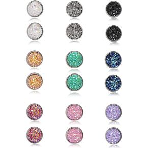 9/18Pairs 20G Round Stud Earrings Stainless Steel Cute Druzy Crystal Studs Earrings Pierced for Women Men 10mm/12mm