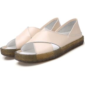 Women’s Genuine Leather Beef Tendon Flat Open Toe Sandals,Summer Casual Comfort Memory Insole Slip-on with Arch Support Soft Flats Walking Sandal Loafer