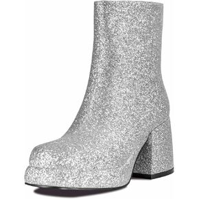 Sparkly Glitter Boots For Women,Sparkle Platform Chunky Heel Ankle Boots,Cute Sequin Gogo Booties Side Zipper Boots Party Dress Office Boots