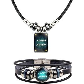 2Pcs Zodiac Necklace Bracelet Set for Men Zodiac Sign Jewelry Leather Constellations Zodiac Bracelet for Men Zodiac Gifts for Women