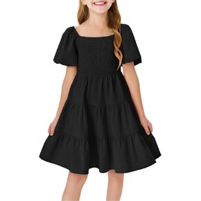 Batermoon Girls Boho Square Neck Puff Sleeve Off Shoulder Smocked Tiered Casual A Line Short Mini Dress