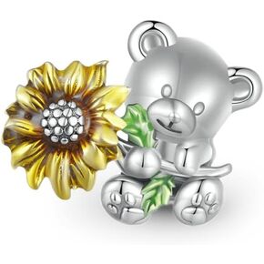 GNOCE Little Bear Embraces Sunflower Charm Sterling Silver Bead Charm with Sunflower Fit Bracelet/Necklace for Women Girls Wife Daughter/Jewelry Gift