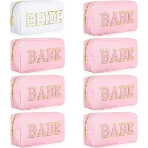 8 Pcs Bride Makeup Bag Bridesmaid Cosmetic Bag Embroidered Letter Patch Bride Bag Bridesmaid Proposal Gift Travel Pouch Bachelorette Party Favor for Wedding Bridal Shower Women (White and Pink)