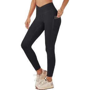 MAGCOMSEN Women's V Cross Waist Leggings with Pockets 27" Tummy Control Yoga Pants Workout Gym Leggings Brushed Lined