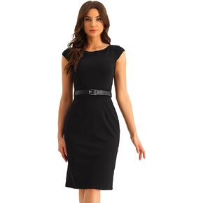 Allegra K Elegant Dress for Women's Cap Sleeve Office Work Belted Sheath Dress