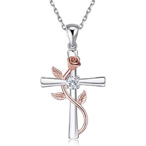 BlingGem Cross Necklaces for Women Sterling Silver Dainty Religious Cross Pendant White/Rose/Gold Plated Cubic Zirconia Rose Flower Necklace Birthday Anniversary Jewelry Gift for Women Girlfriend