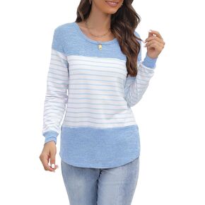 Women Long Sleeve Round Neck Blouse Color Block Striped Casual Tops T Shirt