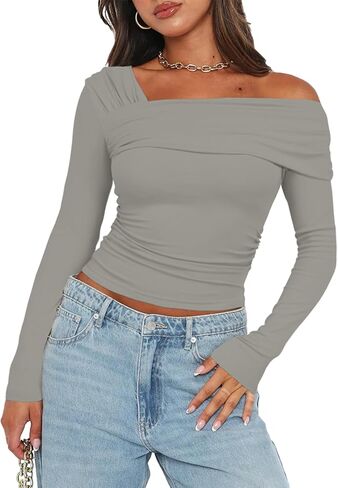 Women's One Off Shoulder Long Sleeve Top Casual Going Out Y2K Tops Slim Fit T-Shirts Ruched Crop Top in Kuwait