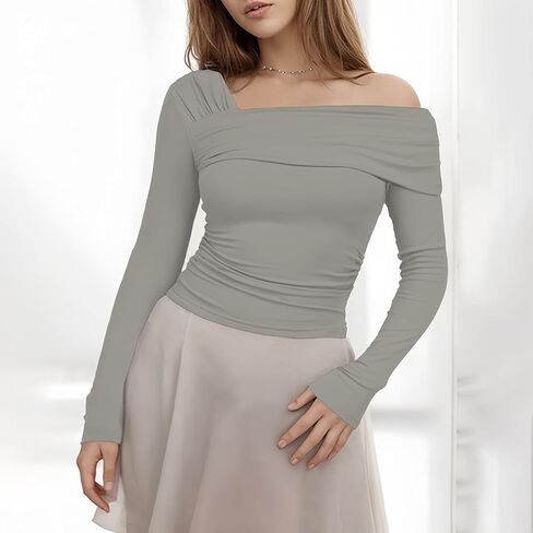 Women's One Off Shoulder Long Sleeve Top Casual Going Out Y2K Tops Slim Fit T-Shirts Ruched Crop Top in Kuwait