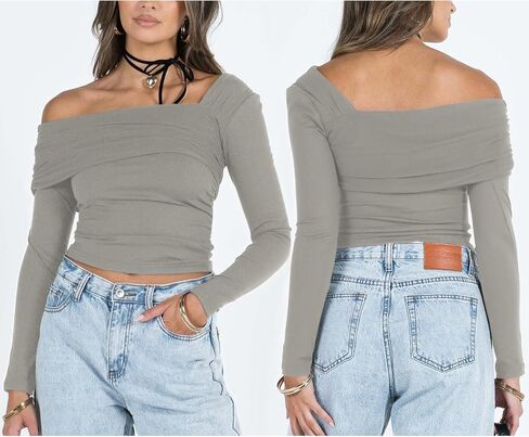 Women's One Off Shoulder Long Sleeve Top Casual Going Out Y2K Tops Slim Fit T-Shirts Ruched Crop Top in Kuwait