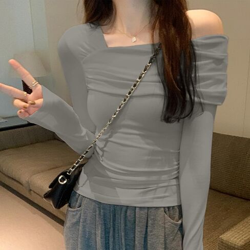 Women's One Off Shoulder Long Sleeve Top Casual Going Out Y2K Tops Slim Fit T-Shirts Ruched Crop Top in Kuwait