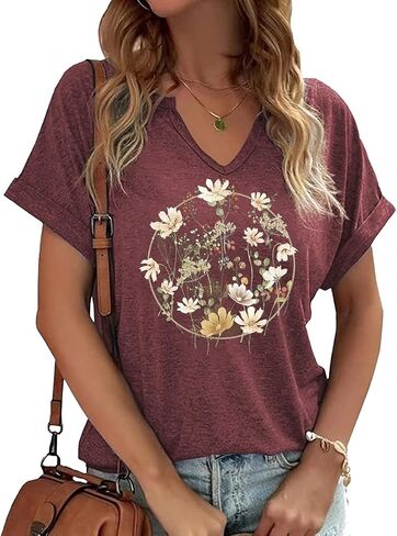 Earlymemb Womens Vintage Flowers V Neck Shirt Boho Floral Wildflowers Graphic Tee Casual Cottagecore Short Sleeve T Shirt in Saudi Arabia