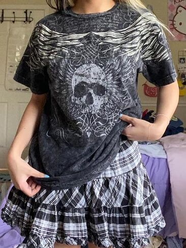Women Y2k Grunge Shirts Short Sleeve Crop Tops Fairy Grunge Aesthetic Tee Tops Baggy Clothes Vintage Streetwear in Saudi Arabia
