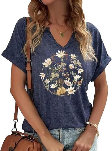 Earlymemb Womens Vintage Flowers V Neck Shirt Boho Floral Wildflowers Graphic Tee Casual Cottagecore Short Sleeve T Shirt in Saudi Arabia