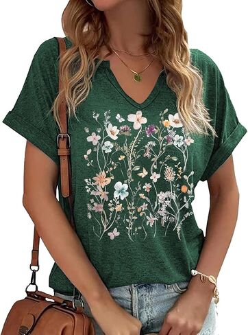 Earlymemb Womens Vintage Flowers V Neck Shirt Boho Floral Wildflowers Graphic Tee Casual Cottagecore Short Sleeve T Shirt in Saudi Arabia