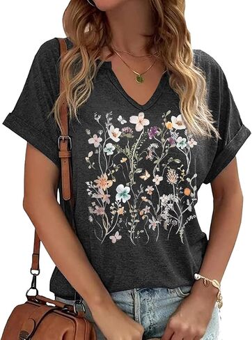 Earlymemb Womens Vintage Flowers V Neck Shirt Boho Floral Wildflowers Graphic Tee Casual Cottagecore Short Sleeve T Shirt in Saudi Arabia
