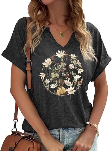 Earlymemb Womens Vintage Flowers V Neck Shirt Boho Floral Wildflowers Graphic Tee Casual Cottagecore Short Sleeve T Shirt in Saudi Arabia