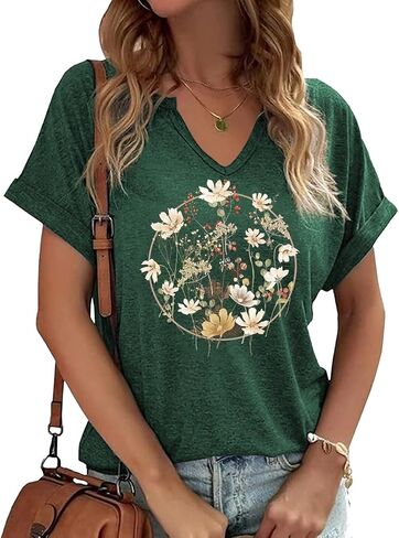 Earlymemb Womens Vintage Flowers V Neck Shirt Boho Floral Wildflowers Graphic Tee Casual Cottagecore Short Sleeve T Shirt in Saudi Arabia