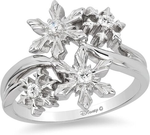 Jewelili Enchanted Disney Fine Jewelry من الفضة الإسترليني مع خاتم Elsa Snowflake من الألماس بنسبة 1/10 Cttw in Saudi Arabia
