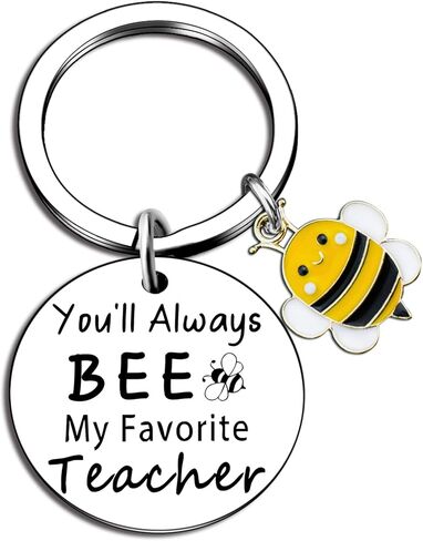Teacher Keychain Appreciation Gifts for Women Men Thank You Gifts for Teachers Day Valentines Day Christmas Day You Will Always Be My Favorite Teacher Bee Keychain Keyring, Silver, 5 in Kuwait